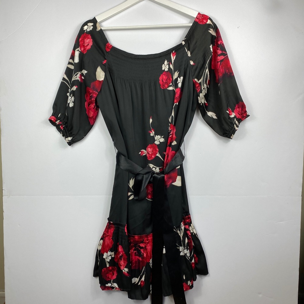 White House Black Market Floral Dress Black Belted Puff Sleeve Size‎ S Silky